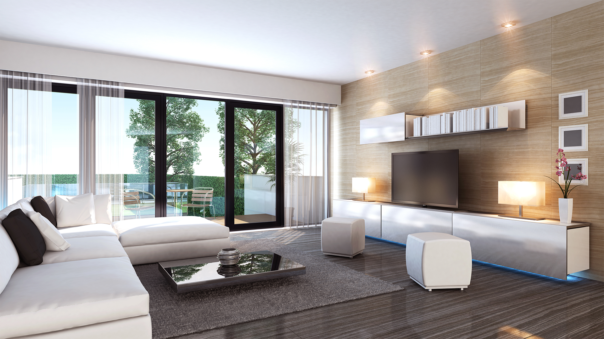 modern living room with drapery covering large windows
