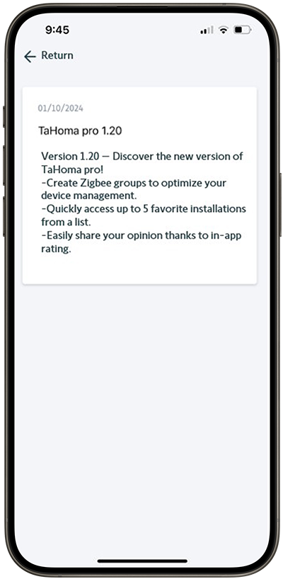 TaHoma by Somfy app notification message old UI with 1.20 release information.