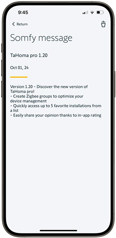 TaHoma by Somfy app notification message new UI with 1.20 release information.