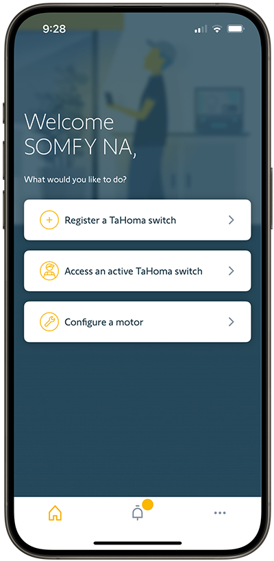 TaHoma welcome screen showing the Register Tahoma switch, Access an active TaHoma switch, and Configure a motor optiond.