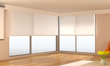 Shades in a bright room rolling up together.