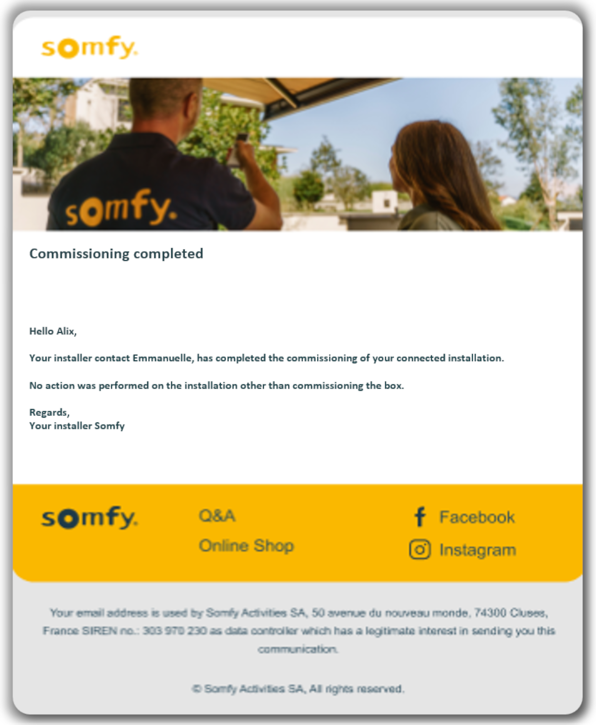 Post-commissioning email without a list of actions performed by the installer.