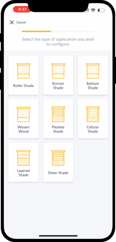 Screen where users select the type of application.