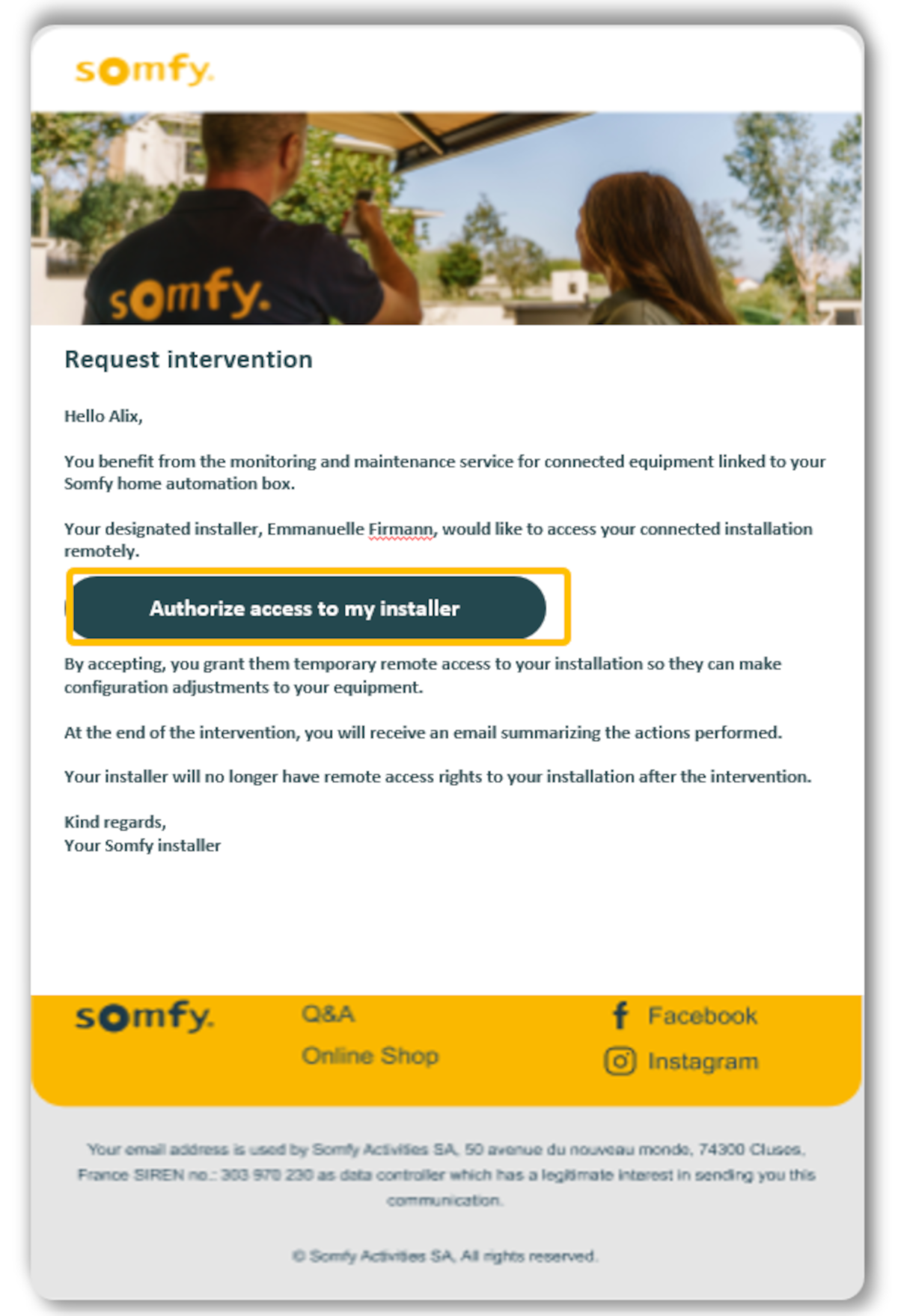 Email to a customer allowing them to approve the installer request to access their installation.