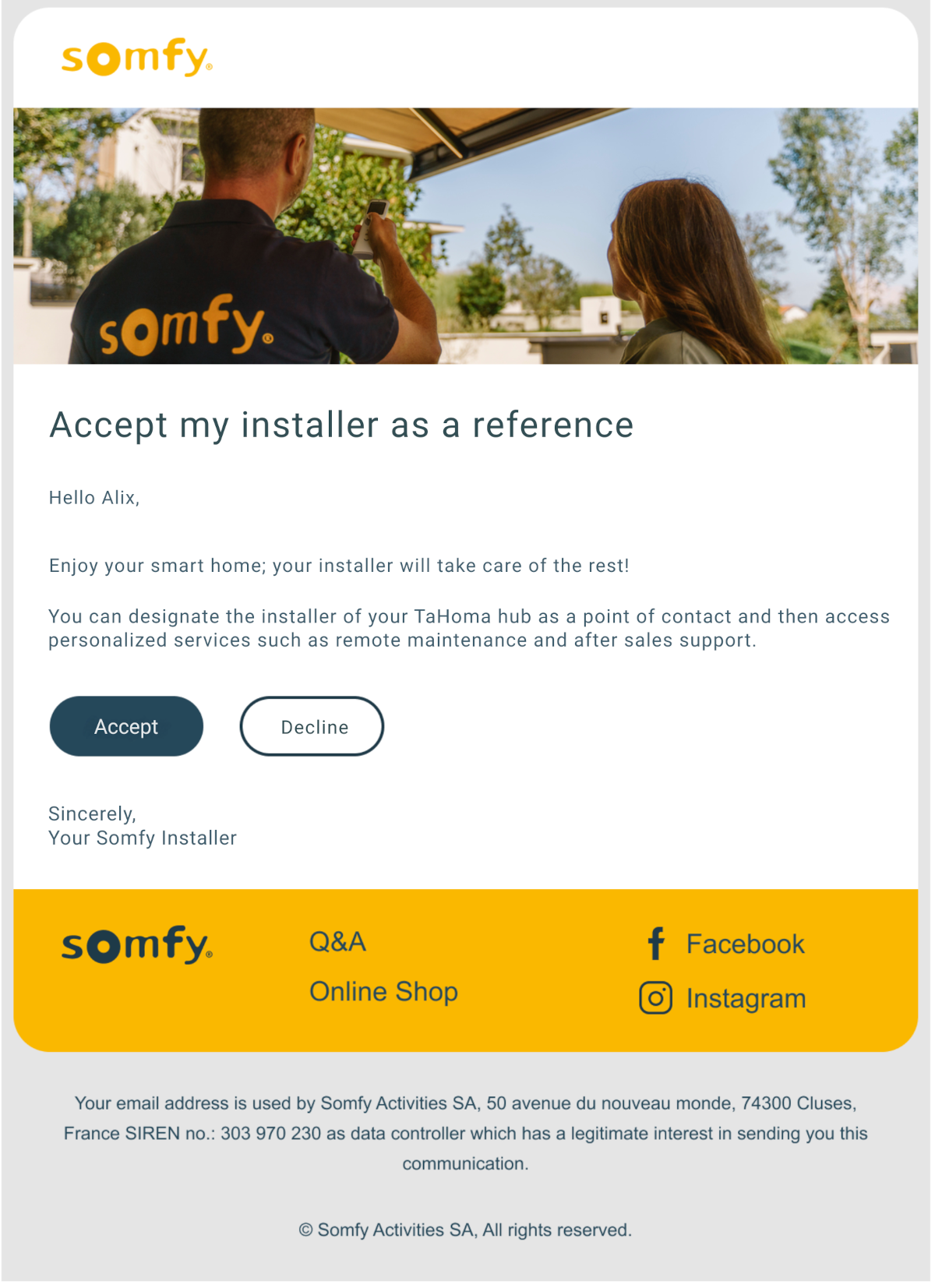 Email allowing the end-user to enable remote support services with their installer.