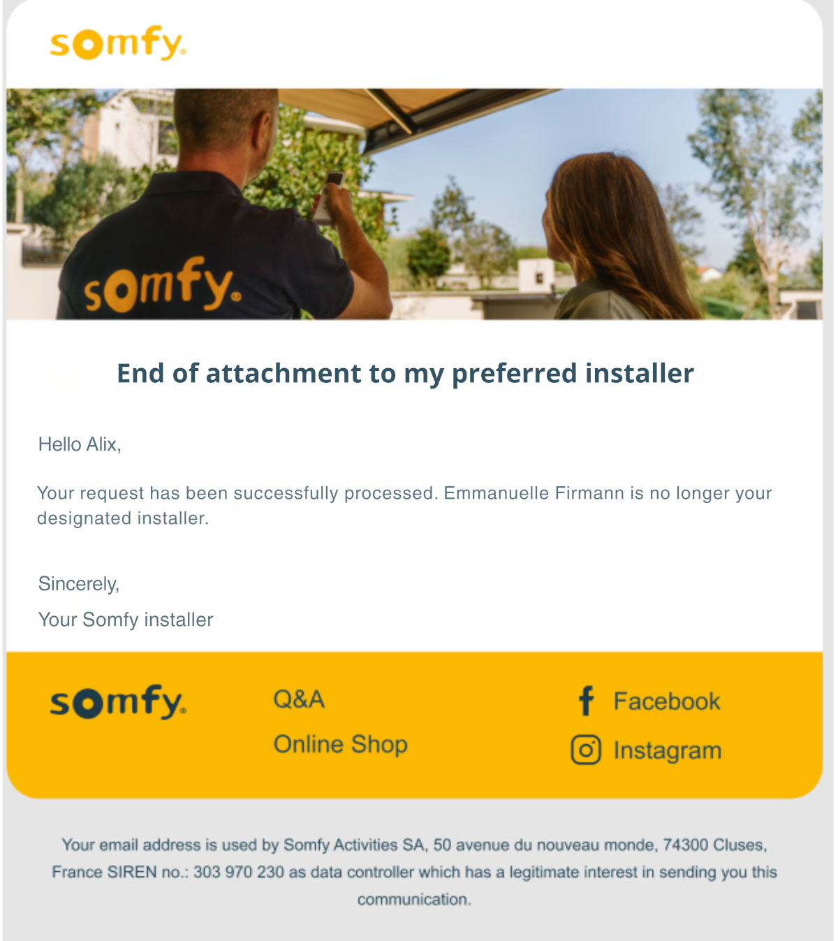 Email notification an installer was removed from the user's installation.