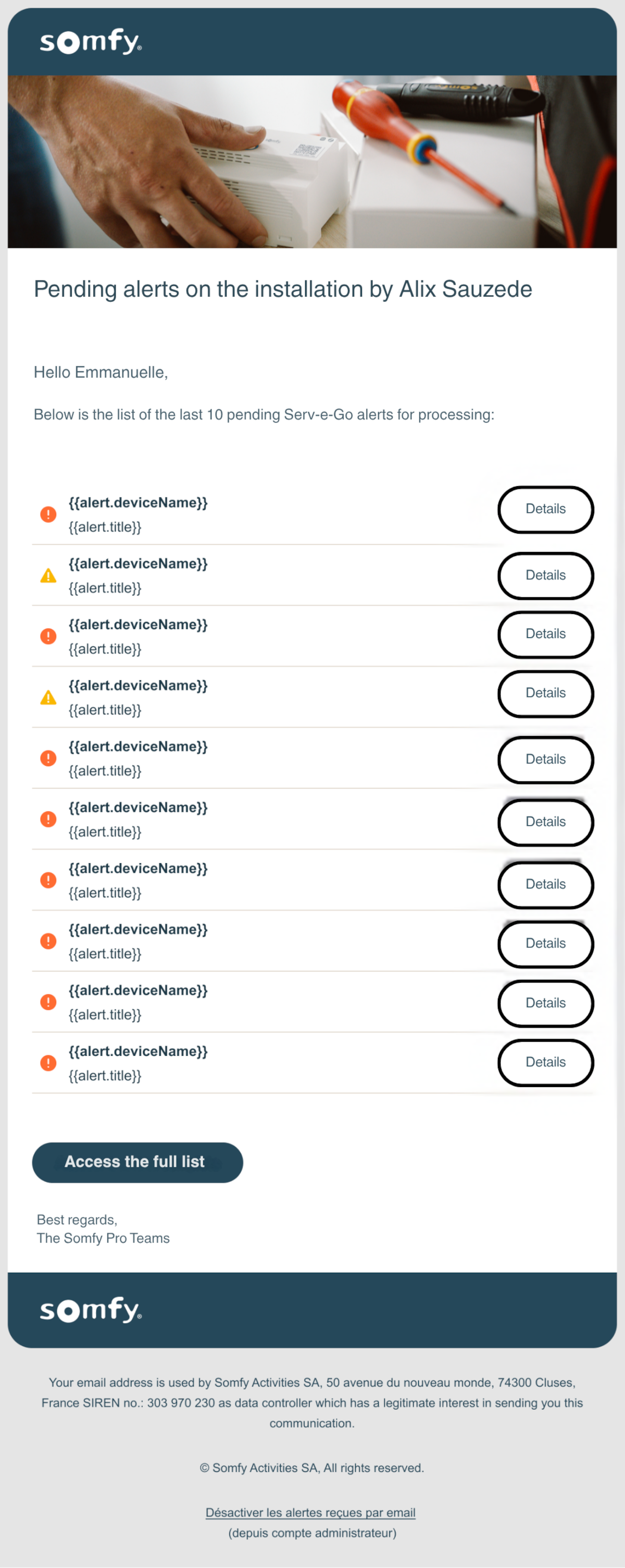 List of alerts for Alix Sauzede's device.