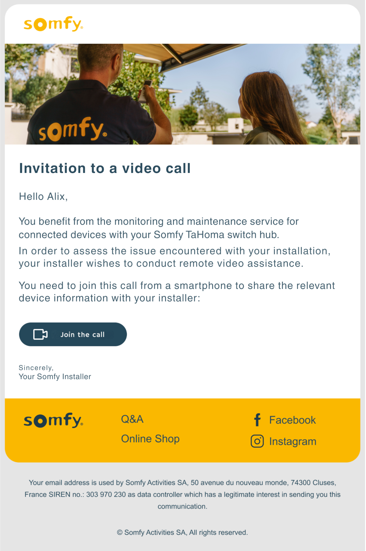 Email invitation to join a video call with the customer's installer/