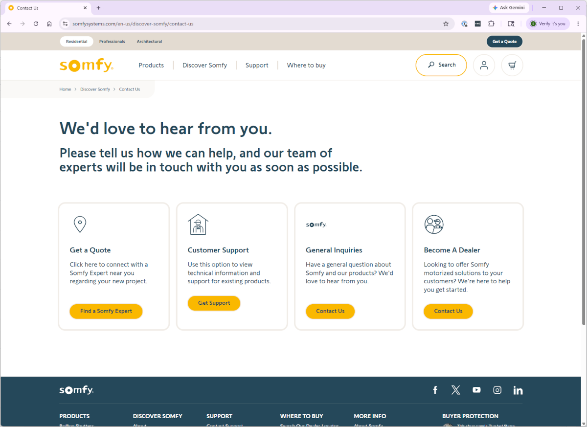 Somfy Systems contact web page with inquiry options.