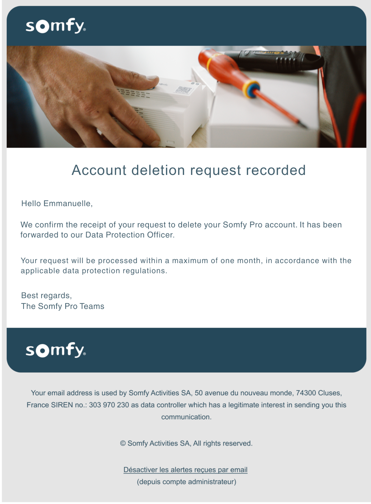 Email acknowledging the installer's request to delete an account.