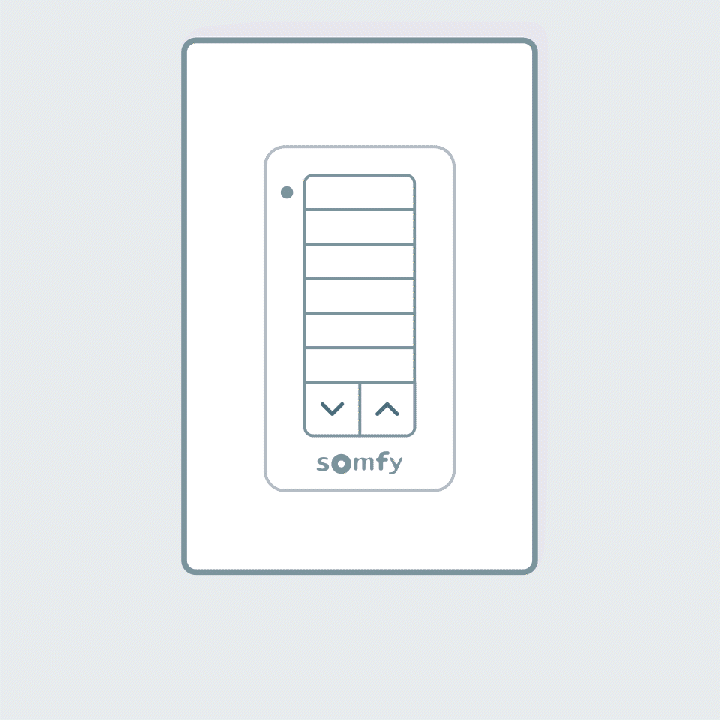 Animated fingers pressing both the up and down arrows simultaneously on a Somfy Decoflex keypad.