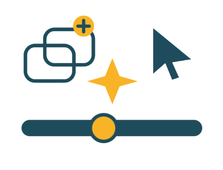 A number of icons including a mouse pointer, a slider bar, a star, and two screens overlapping with a plus sign.