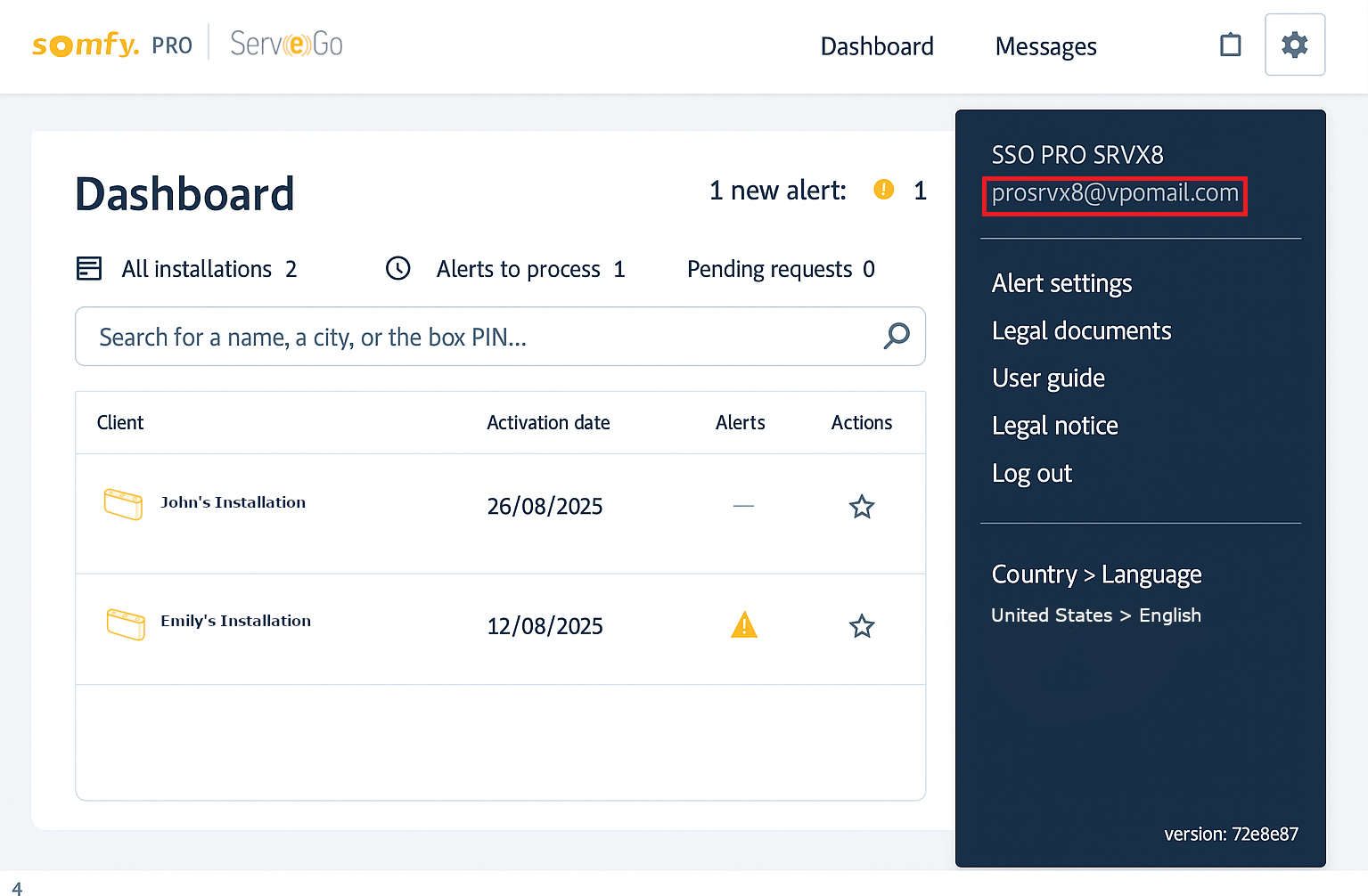 Screenshot of the Serv-e-go dashboard showing a list of installations with the email address outlined.