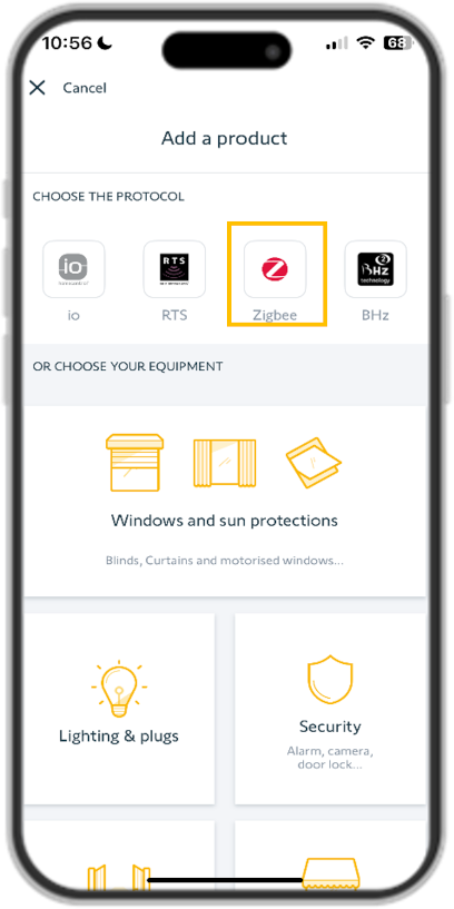 'Add a Product' section of the app with the 'Zigbee' option outlined with a number of options shown including io, RTS as well as options to choose equipment.