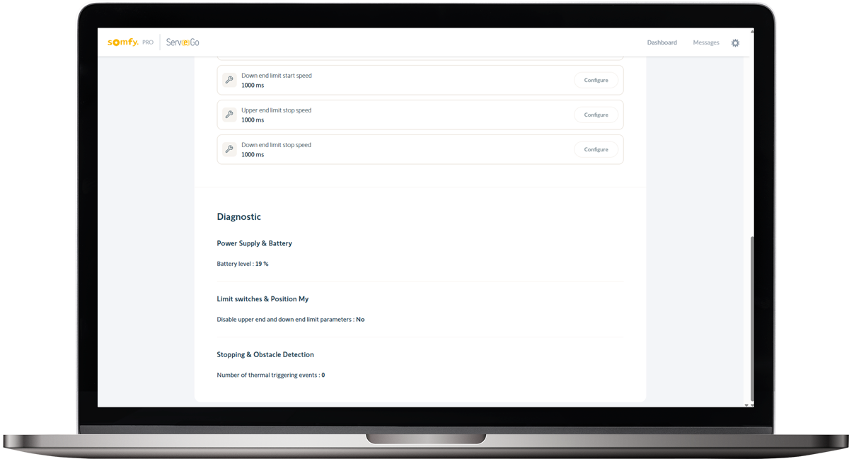 Diagnostic information including battery power level and obstacle detection.