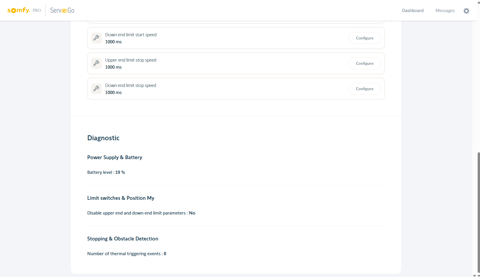 Diagnostic information including battery power level and obstacle detection.