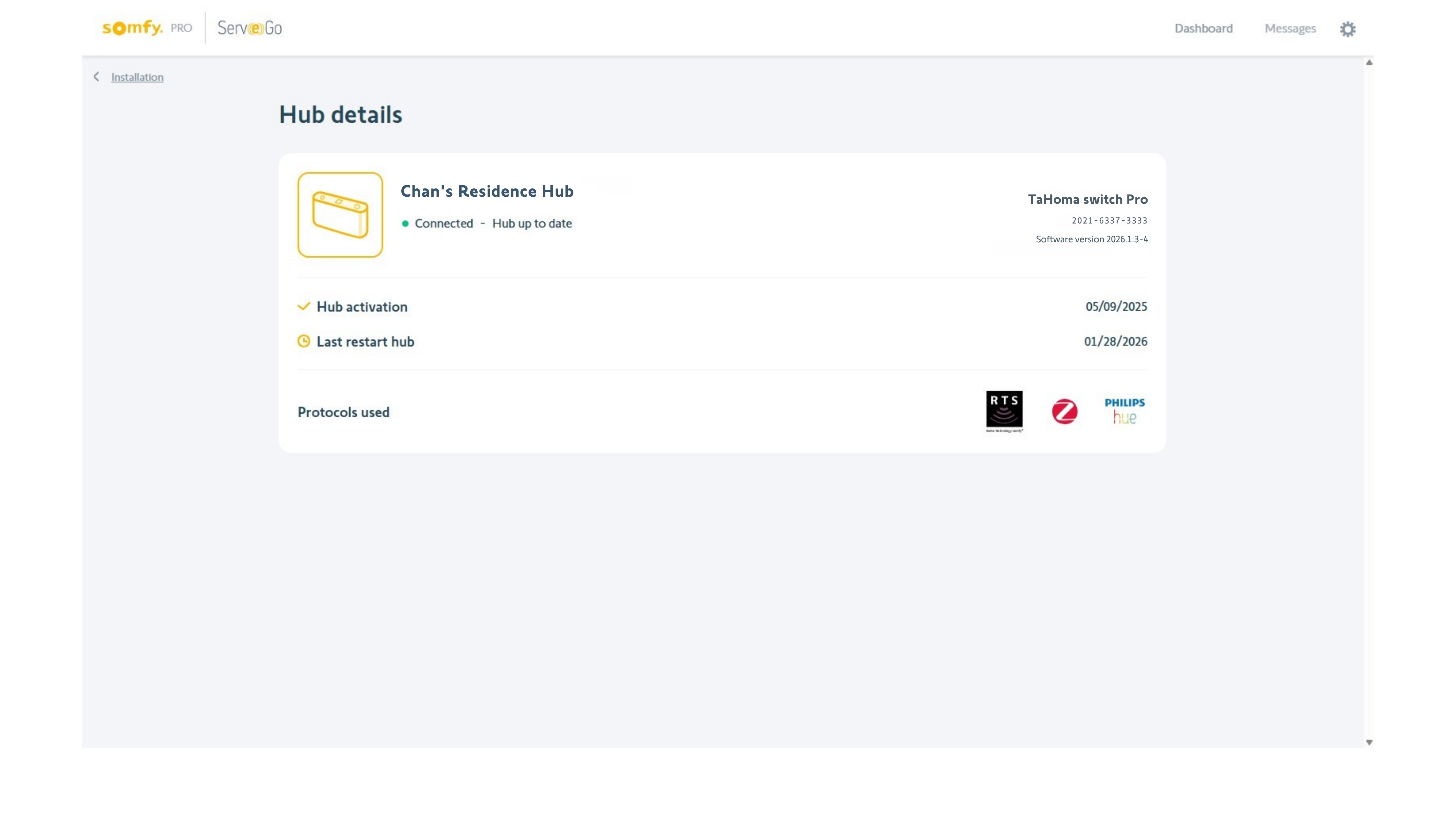 Hub details for Chan's residence including the activation and last restart date for his TaHoma switch.