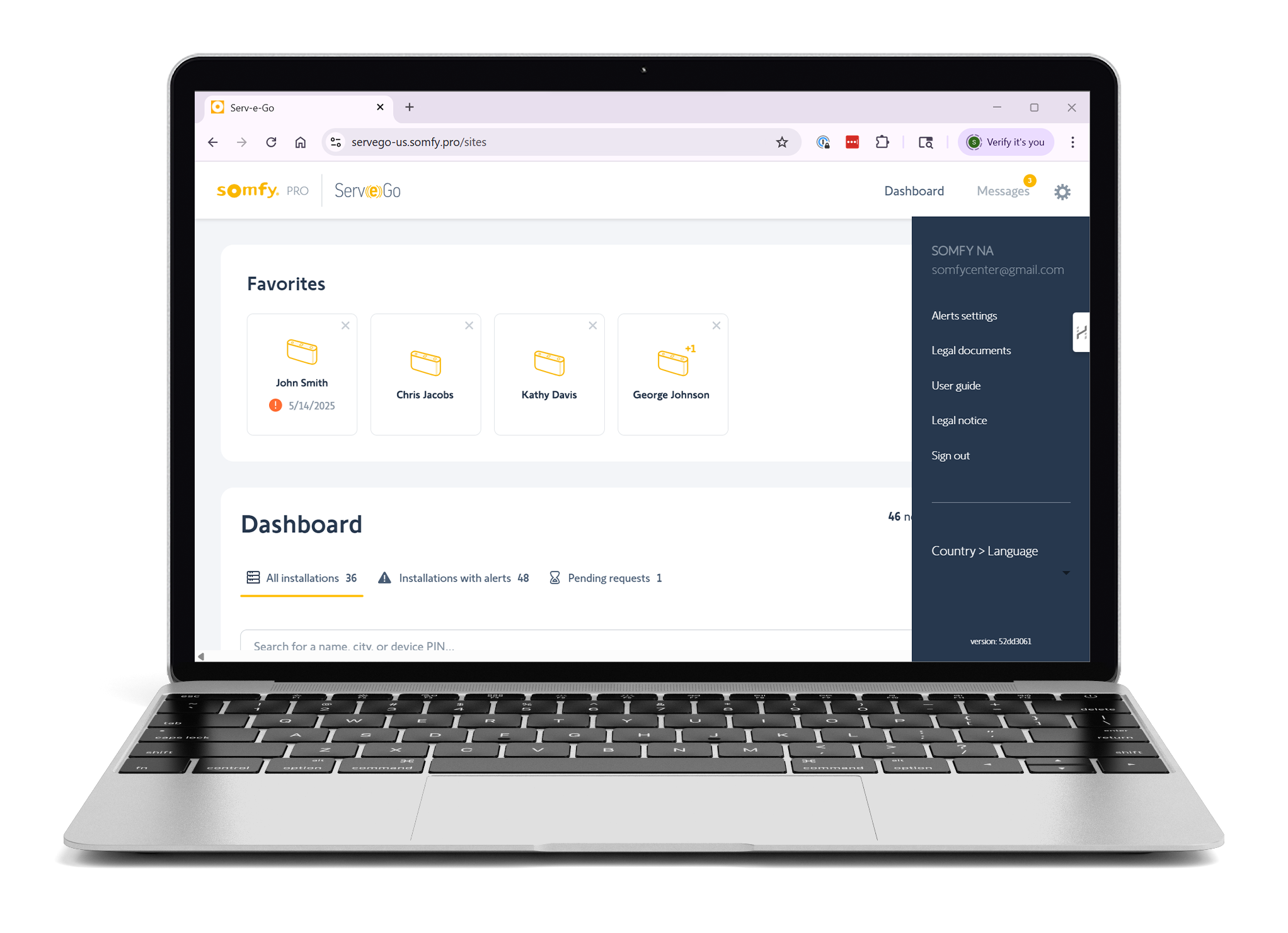 Screenshot of the Serv-e-go dashboard showing a list of installations with the email address outlined.