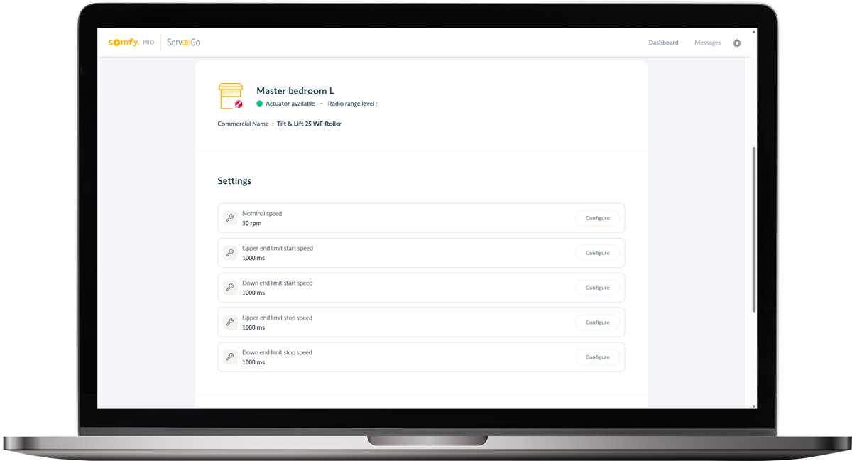 Serv-e-go site with setting information as well as a list of nominal, start, and end speeds.
