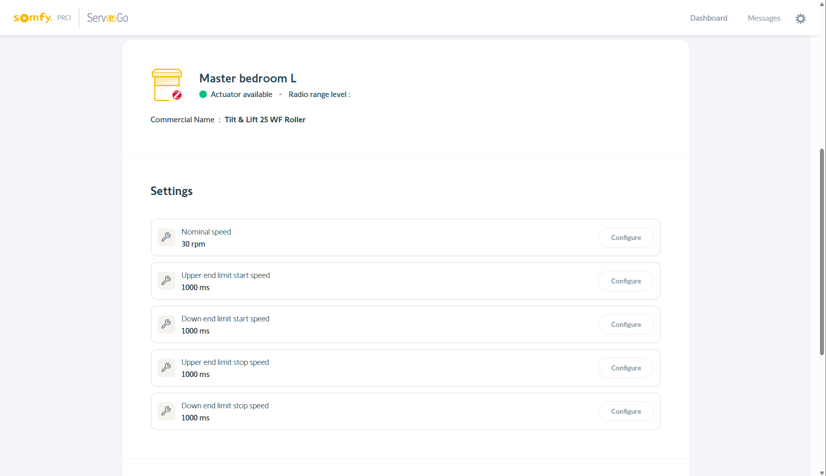 Serv-e-go site with setting information as well as a list of nominal, start, and end speeds.