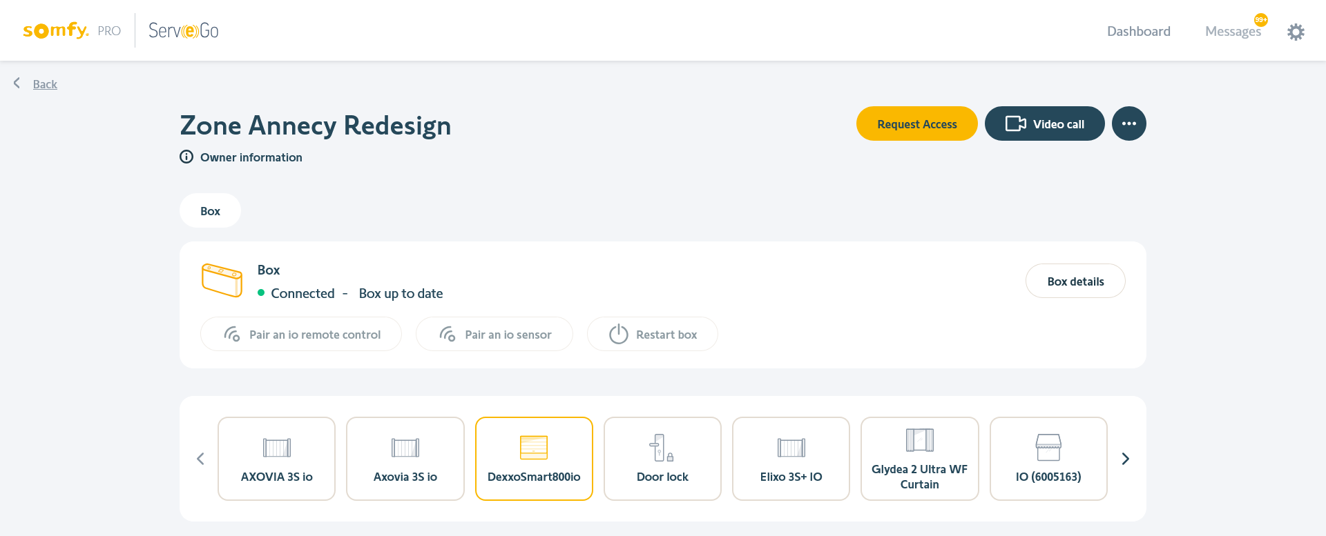 Serv-e-Go installation page for a user named Zone Annecy Redesign, including TaHoma box information, as well as a list of equipment.