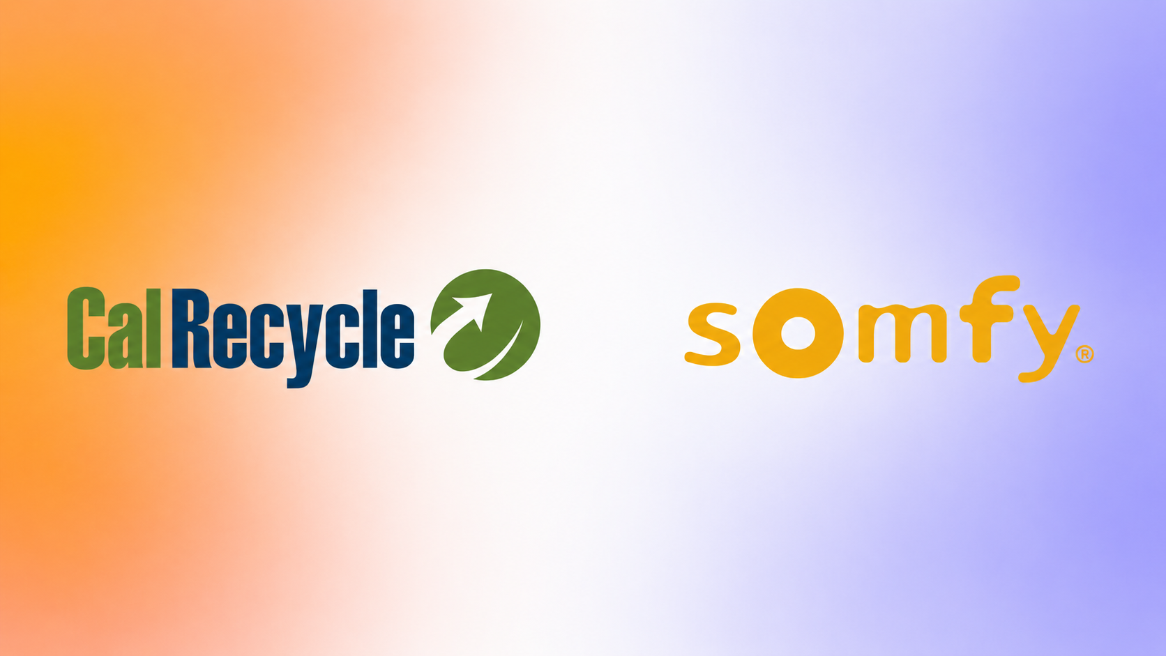 Somfy and CalRecycle logos on a blue and orange background.