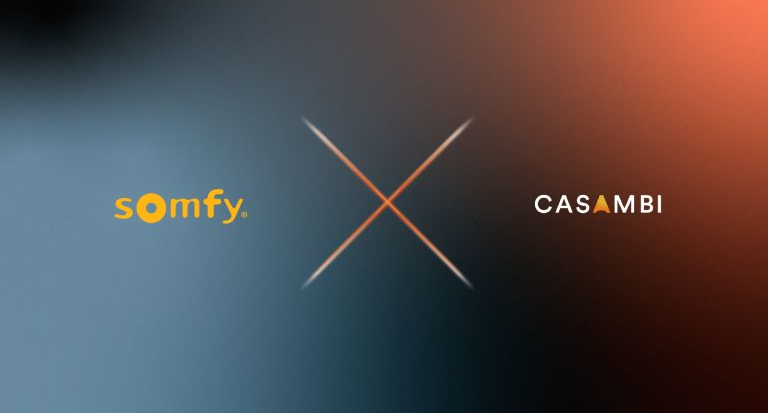 Somfy and Casambi logos on a blue and rd background respectively
